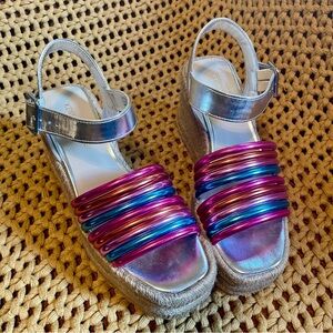 Kenneth Cole metallic rainbow platforms.